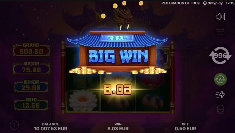 Red Dragon of Luck – hovedskjerm med et 3x3 rutenett og en rød drage